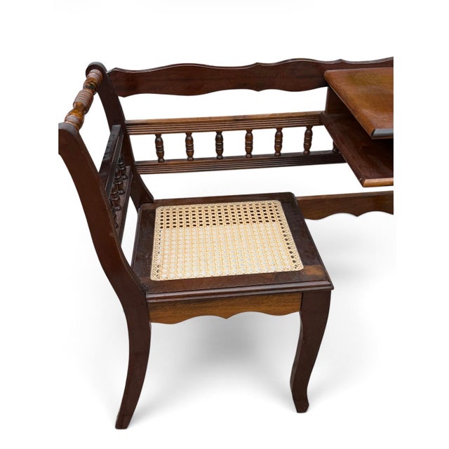 Victorian Antique Wooden Telephone Conversation Table / Gossip Bench With Cane Seat For Sale - Image 3 of 7