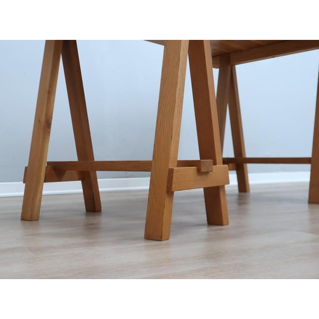 Trestle Beech Writing Desk with Leather Chairs, Italy, 1970s, Set of 3 For Sale - Image 6 of 17