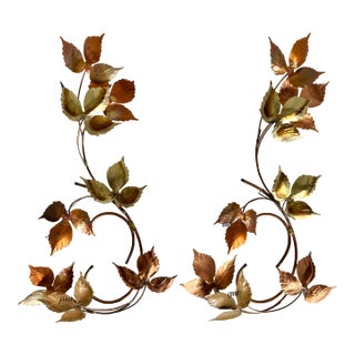 Pair of Vintage Italian Tole Vine Wall Sculptures in Copper & Gold For Sale