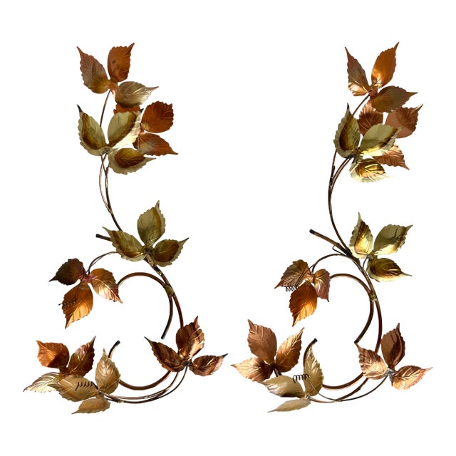 Pair of Vintage Italian Tole Vine Wall Sculptures in Copper & Gold For Sale