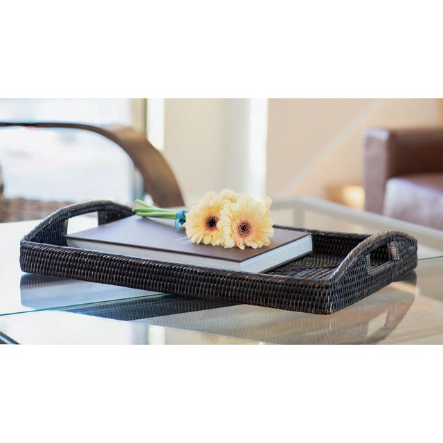 Artifacts Rattan Rectangular Serving Tray with High Handles in Tudor Black - 21" For Sale - Image 10 of 12