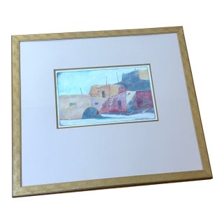 Mid 20th Century Framed Adobe House Colored Drawing, Signed For Sale