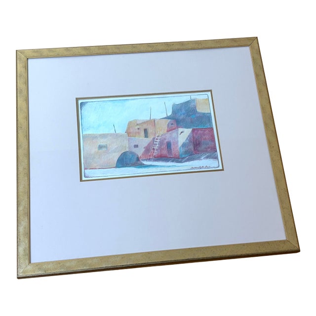Mid 20th Century Framed Adobe House Colored Drawing, Signed For Sale