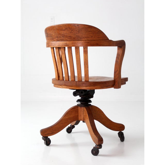 Wood Antique Gunlock Banker's Swivel Desk Chair For Sale - Image 7 of 17