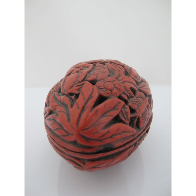 Red Chinese Carved Cinnabar Lacquer Fruit Shaped Butterfly & Flower Trinket Box For Sale - Image 8 of 9
