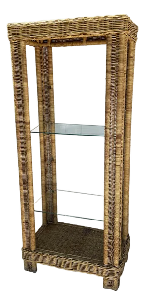 Tall Rattan Etagere Display Case With Glass Shelves