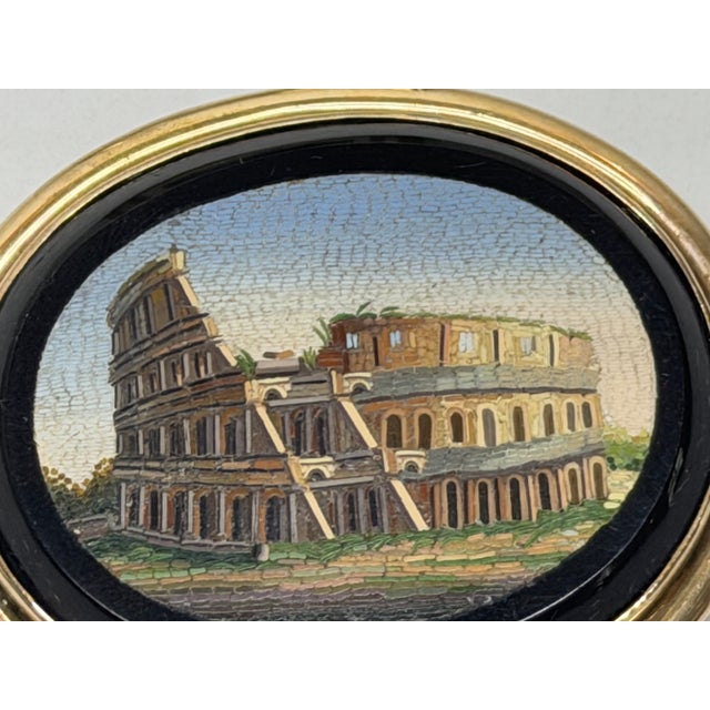 Goldenrod Victorian Grand Tour Italian Micromosaic Yellow Gold Brooch Depicting the Colosseum C1870 For Sale - Image 8 of 18