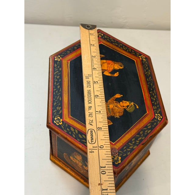 Vintage Hexagonal Hand Painted Wooden Indian Box Hidden Compartments For Sale - Image 10 of 12