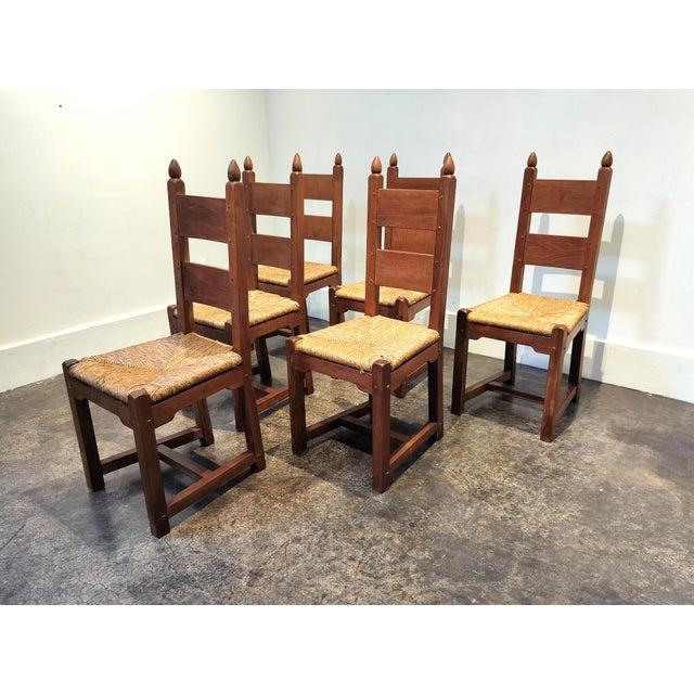 Mid-Century Modern High Back Belgian Oak and Rush Dining Chairs Circa 1960 For Sale - Image 3 of 10
