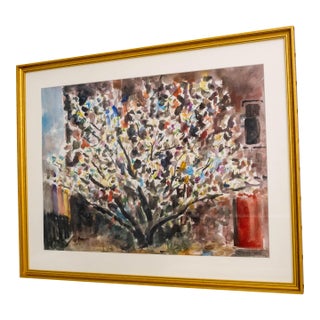 Abstract Watercolor Flowering Shrub Painting Signed For Sale