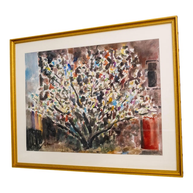 Abstract Watercolor Flowering Shrub Painting Signed For Sale