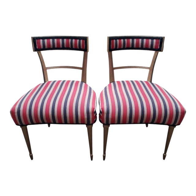 Pair of Vintage Hollywood Regency Accent Chairs in Red & Grey Stripe Upholstery on Gold For Sale