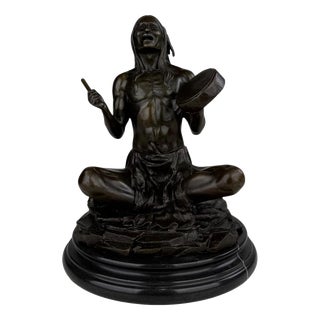 Seated Native American Drummer Figural Sculpture, 20th Century, Bronze For Sale