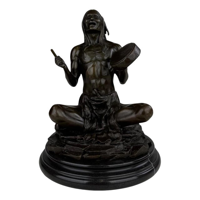 Seated Native American Drummer Figural Sculpture, 20th Century, Bronze For Sale