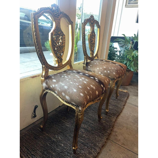 Pair of Antique Louis Gilded Chairs With Hide Upholstery For Sale - Image 9 of 13