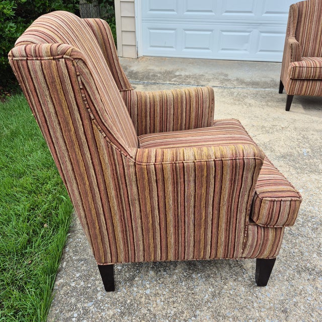 Wood 2010 Stratford Caye Transitional Striped Cocoa Brown Wingback Arm Chair For Sale - Image 7 of 14