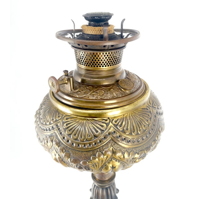 19h Century Cast Polished Brass Tripod Base Adjustable Height Oil Flor Lamp MINT For Sale - Image 17 of 17
