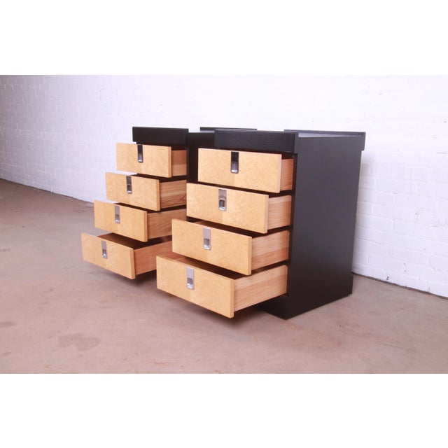 Baker Furniture Mid-Century Modern Birdseye Maple and Ebonized Bedside Chests, Newly Refinished For Sale In South Bend - Image 6 of 13
