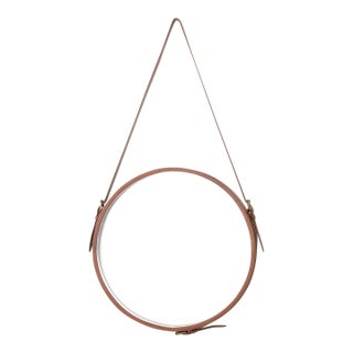 Contemporary Faux Leather Strap Framed Circular Mirror For Sale