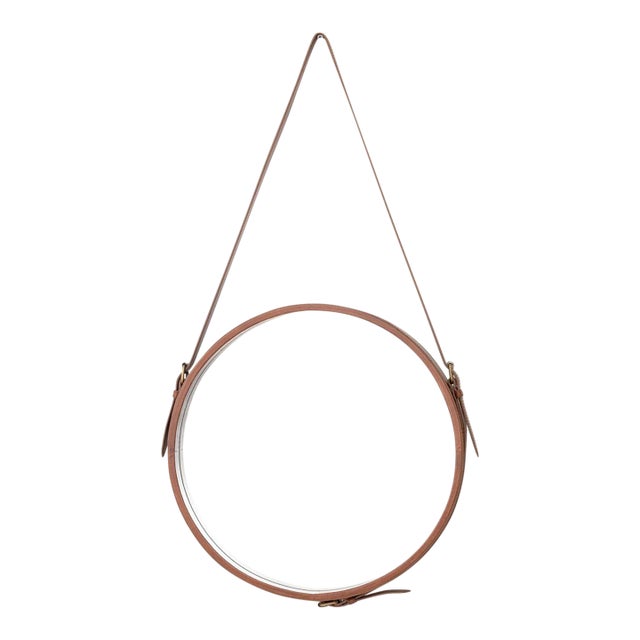 Contemporary Faux Leather Strap Framed Circular Mirror For Sale