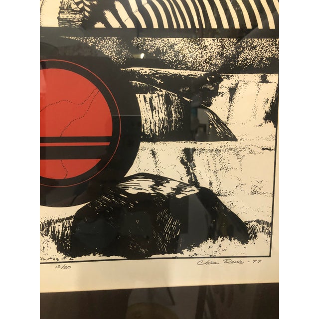 Large, framed print of zebra entitled "Zebra, Circle, Water." Signed and dated 1977. Black wood frame, glass front. Red...
