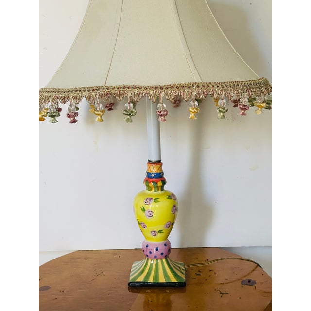 Shabby Chic 1960s Mackenzie Childs Style Handpainted Candlestick Lamp With Shade For Sale - Image 3 of 5