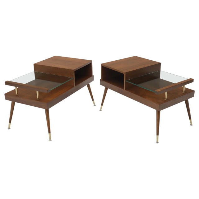 Walnut Side End Tables with Floating Glass Shelves - a Pair For Sale - Image 13 of 13
