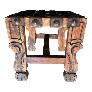 Artes De México Internacionales Leather and Carved Pine Footstool - Vintage 1960s For Sale