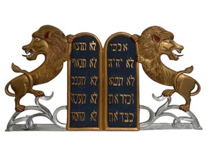 Rare Folk Art Hebrew Judaica Carved Gilded Wood Lions Torah Synagogue Sculpture, c.1920's-1940's