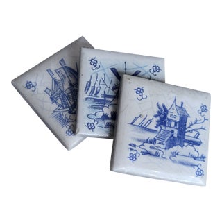 Antique Dutch Delft Blue & White Tile Coastal Landscape For Sale