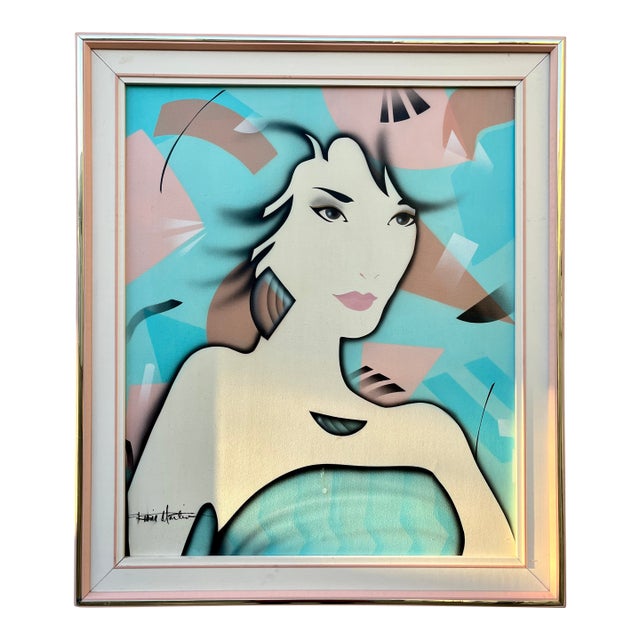 Post Modern Oil Painting in the Patrick Nagel Style, Framed and Signed by the Artist. Circa 1980s. For Sale