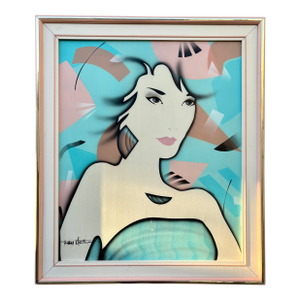 Post Modern Oil Painting in the Patrick Nagel Style, Framed and Signed by the Artist. Circa 1980s.