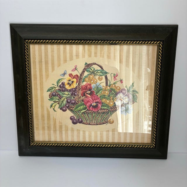 Vintage 1993 still life by Patsy Craven featuring a richly colored basket arrangement of pansies, cherries, fruit,...