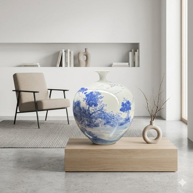 Blue Chinese Blue White Handpaint Mountain Tree Scenery Porcelain Vase For Sale - Image 8 of 10