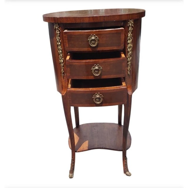 French Louis XV Style Ormolu Mounted Mahogany 2-Tier 3-Drawer Side Table in very good vintage condition. Features 3...