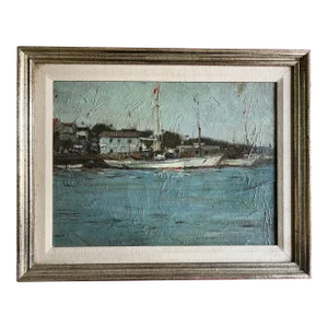 1930's Impressionist Oil Painting on Board Sailboats Docked in Mediterranean Harbor Town