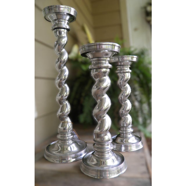 Quality Set of 3 Cast Aluminum Weighted Barley Twist Pillar Candle Holders For Sale - Image 4 of 8