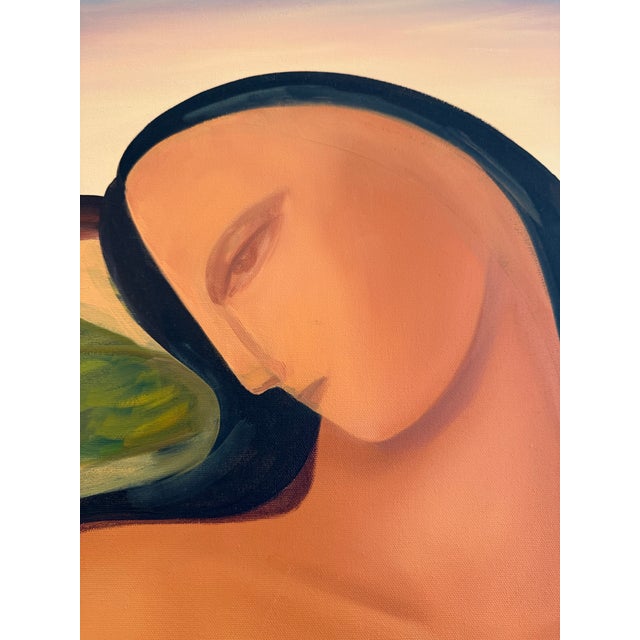 This painting by Naoko Paluszak portrays a stylized woman in a lush, setting, rendered in a post-impressionist or...