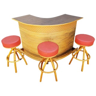 Rattan Tiki Bar with Three Stools For Sale