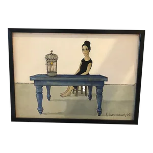 Mid 20th Century "The Blue Table" Folk Art Style Figurative Oil Painting, Framed