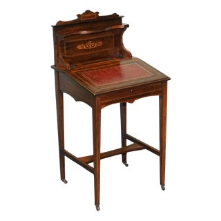 Victorian Ladies Writing Desk with Inlay and Leather For Sale