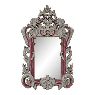 Vintage Rococo Style Silver-Plated Plum Red Framed Wall Mirror. For Sale