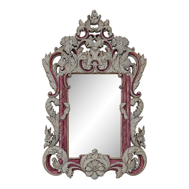 Vintage Rococo Style Silver-Plated Plum Red Framed Wall Mirror. For Sale