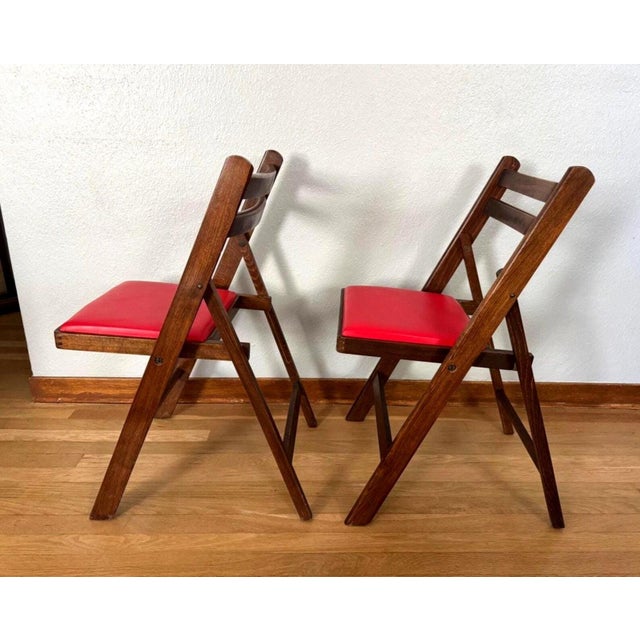Mid-Century Modern Mid 20th Century Folding Chairs by Nevco Furniture Corp., Red Vinyl & Walnut Finish — Set of 2 For Sale - Image 3 of 11
