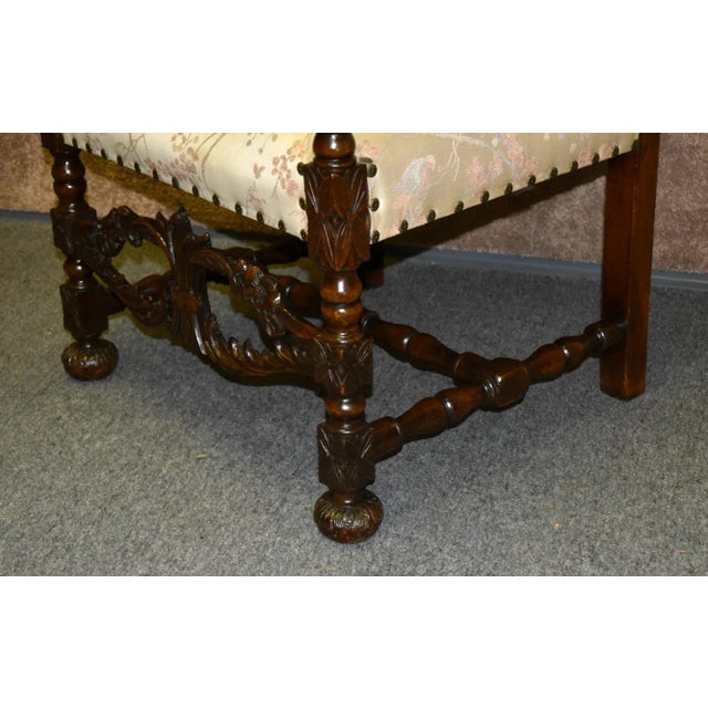 Wood Carved Walnut Armchair French Style High Back Vintage Upholstered Floral Chair For Sale - Image 7 of 13