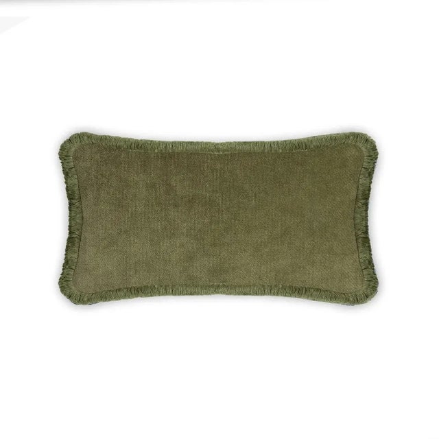 Early 21st Century Green Velvet with Green Fringes Rectangle Happy Pillow from Lo Decor For Sale - Image 5 of 5