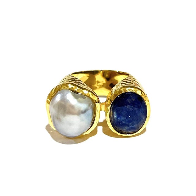 Bochic “Orient” Blue Sapphire & Pearl Vintage 2 Gem Ring Set 18K & Silver, Size 9.5 For Sale - Image 10 of 12