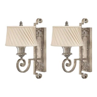 Hinkley Silver Leaf Pleated Cream Shade Glass Base Scroll Wall Sconce Lamps Lights- a Pair For Sale