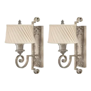 Hinkley Silver Leaf Pleated Cream Shade Glass Base Scroll Wall Sconce Lamps Lights- a Pair