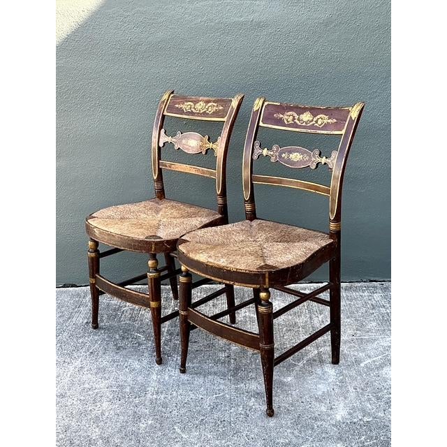 Shabby Chic Vintage Hand Painted Hitchcock Rush Seat Chairs - Set of 2 For Sale - Image 3 of 12